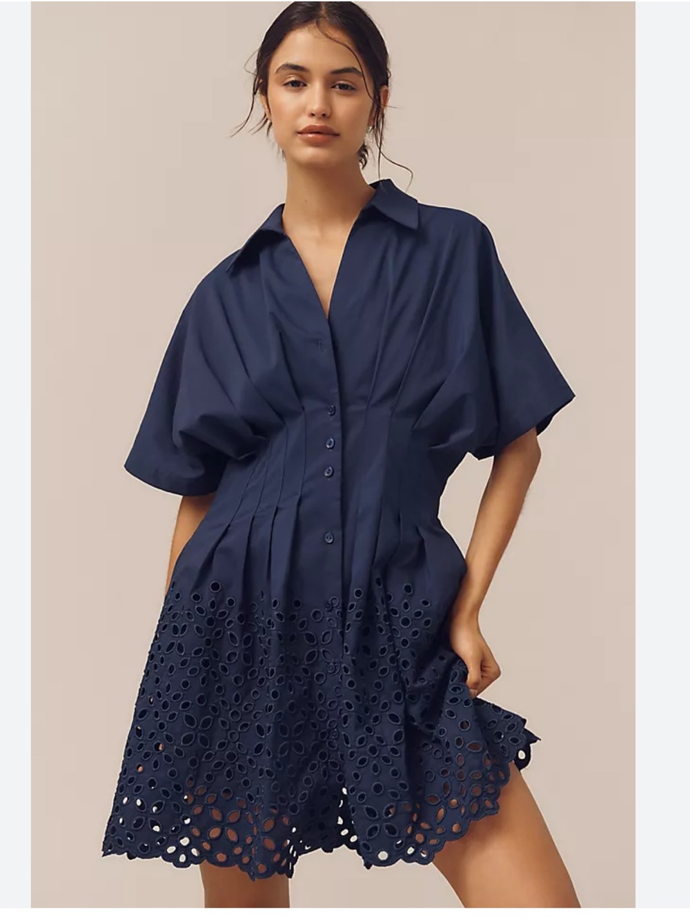 NWT Anthropologie Exquise Navy Eyelet Mini Shirt Dress size M